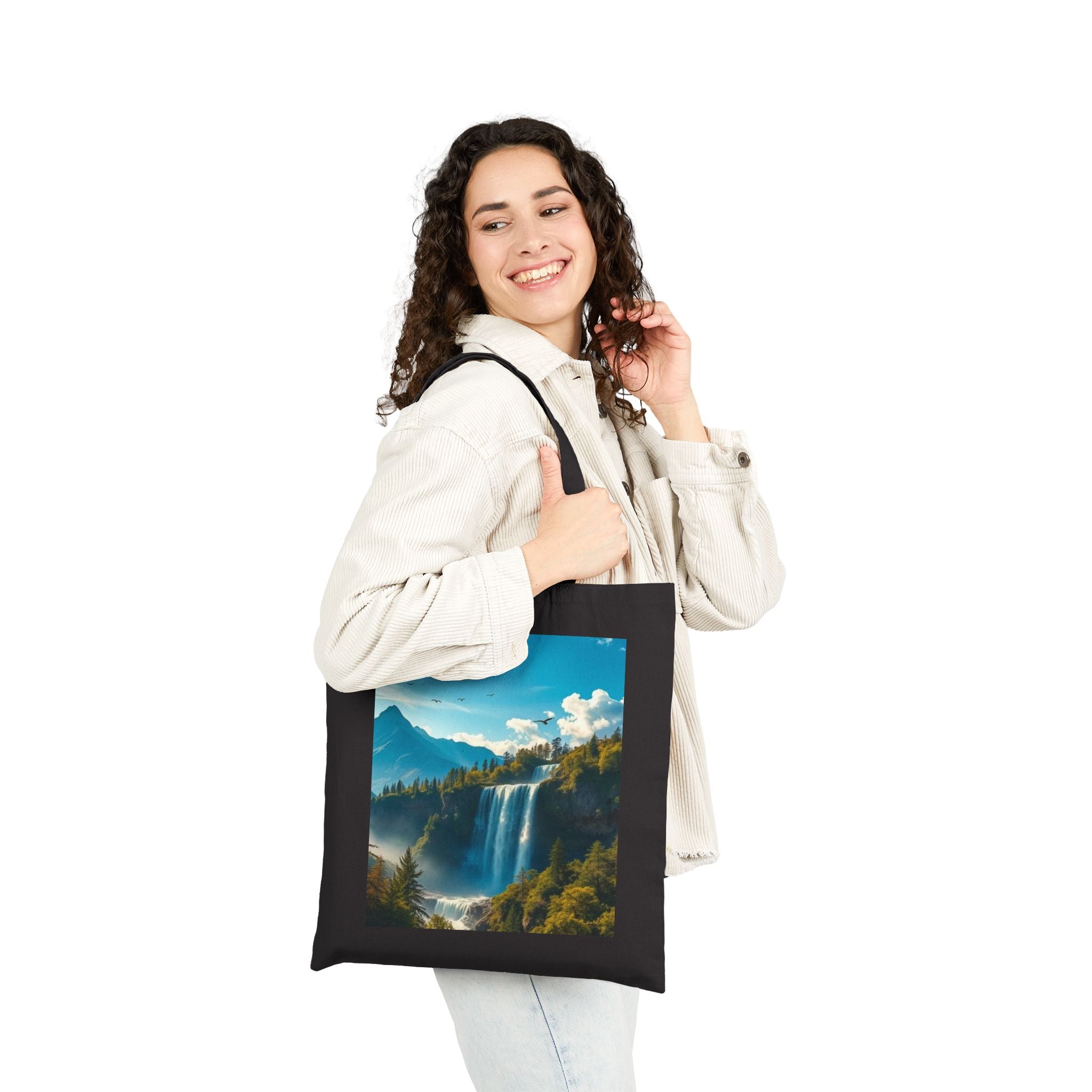 Waterfall Mountain Canvas Tote — Scenic Nature Landscape Cotton Shopper