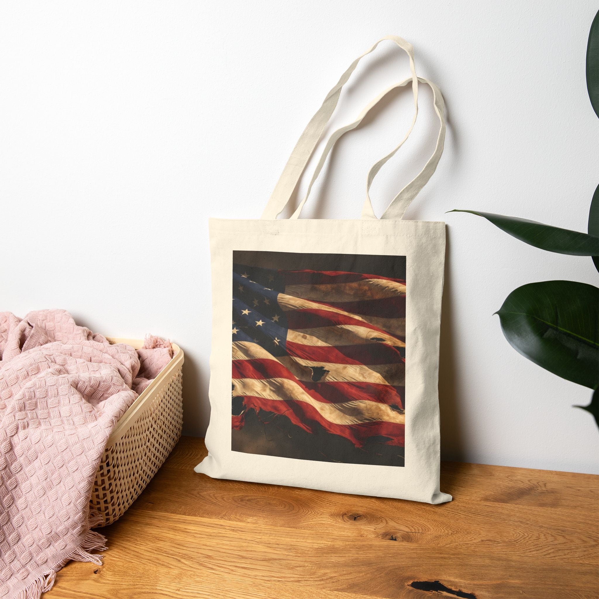 Tote Bag - Vintage American Flag Canvas Tote (Patriotic Memorial Day & 4th of July)