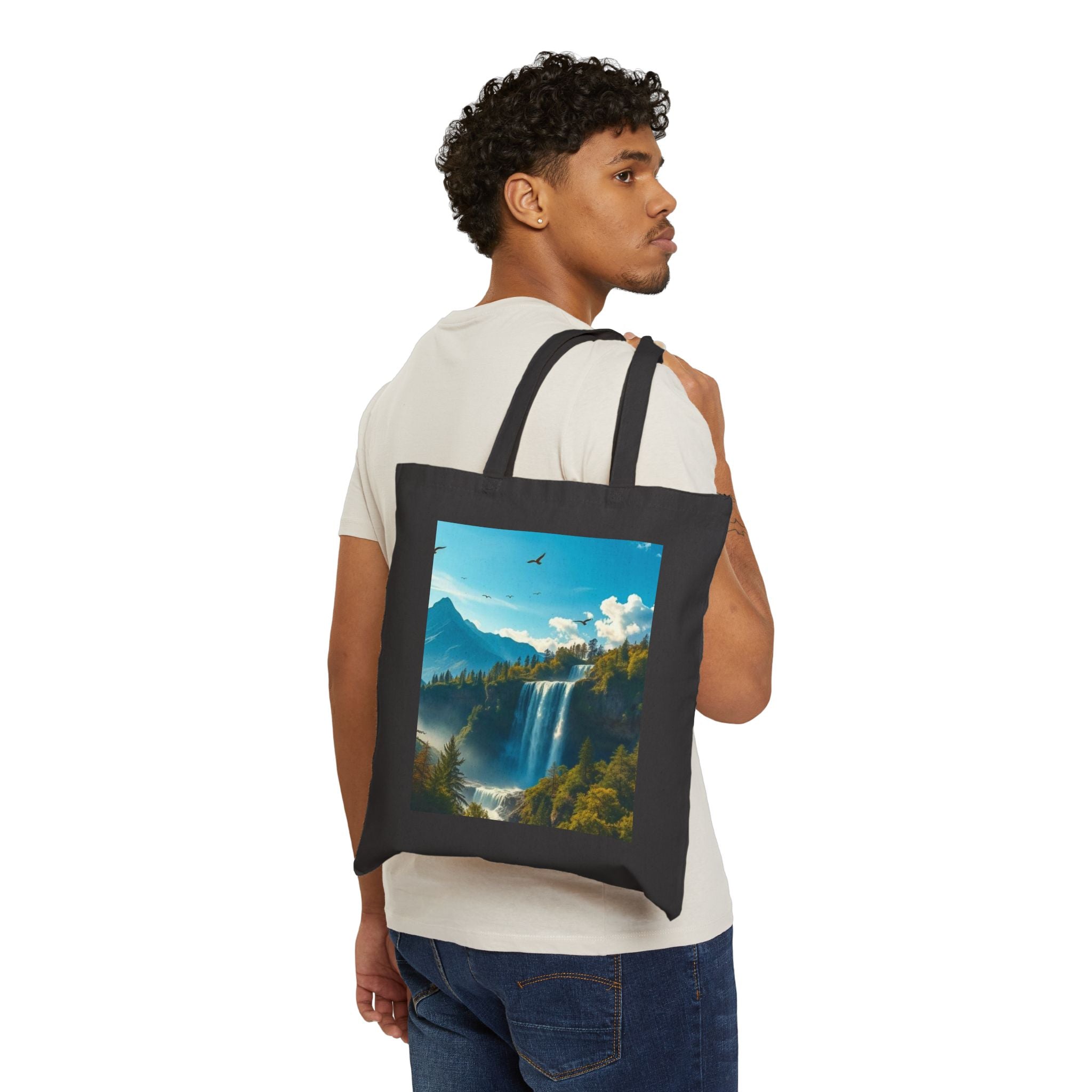 Waterfall Mountain Canvas Tote — Scenic Nature Landscape Cotton Shopper