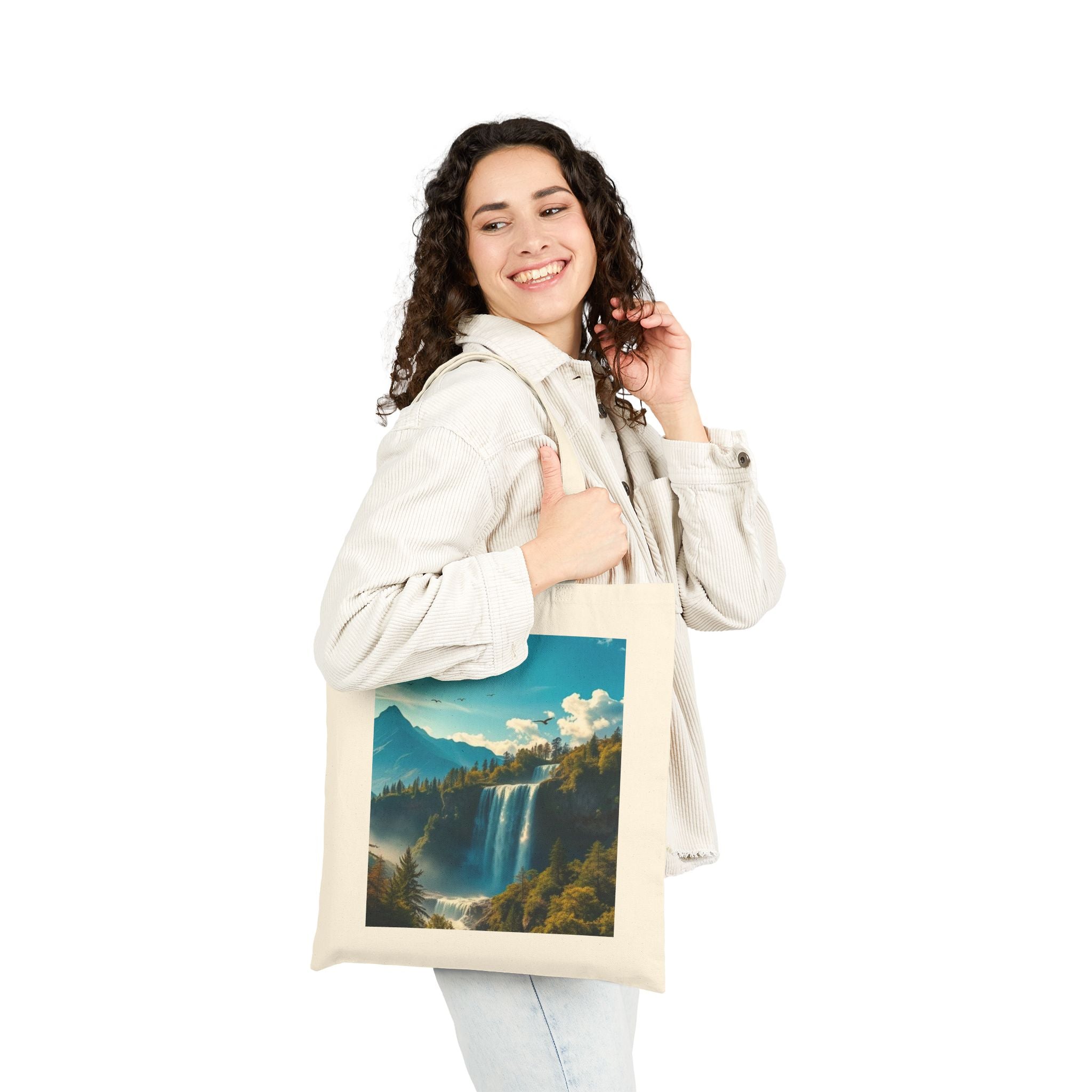 Waterfall Mountain Canvas Tote — Scenic Nature Landscape Cotton Shopper