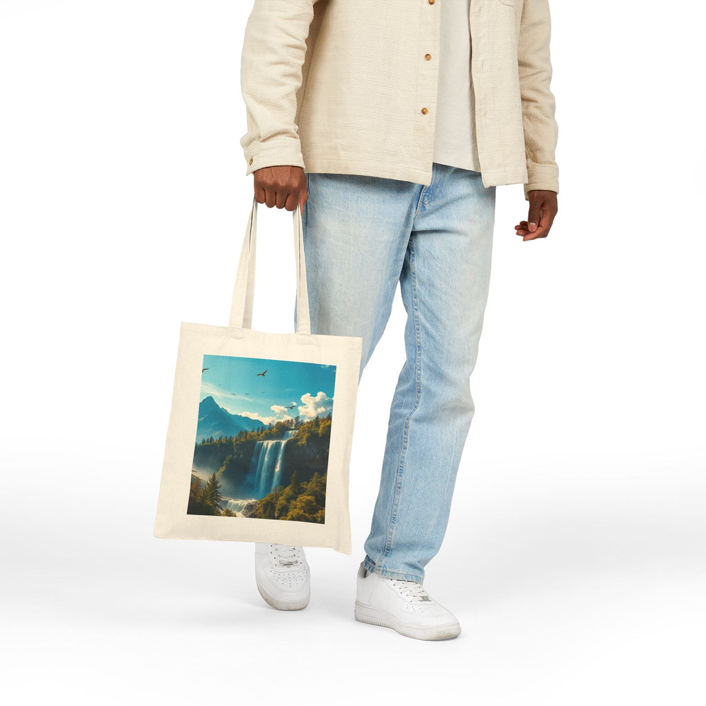 Waterfall Mountain Canvas Tote — Scenic Nature Landscape Cotton Shopper