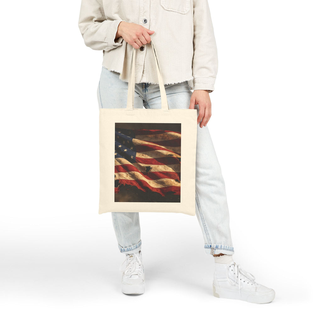 Tote Bag - Vintage American Flag Canvas Tote (Patriotic Memorial Day & 4th of July)
