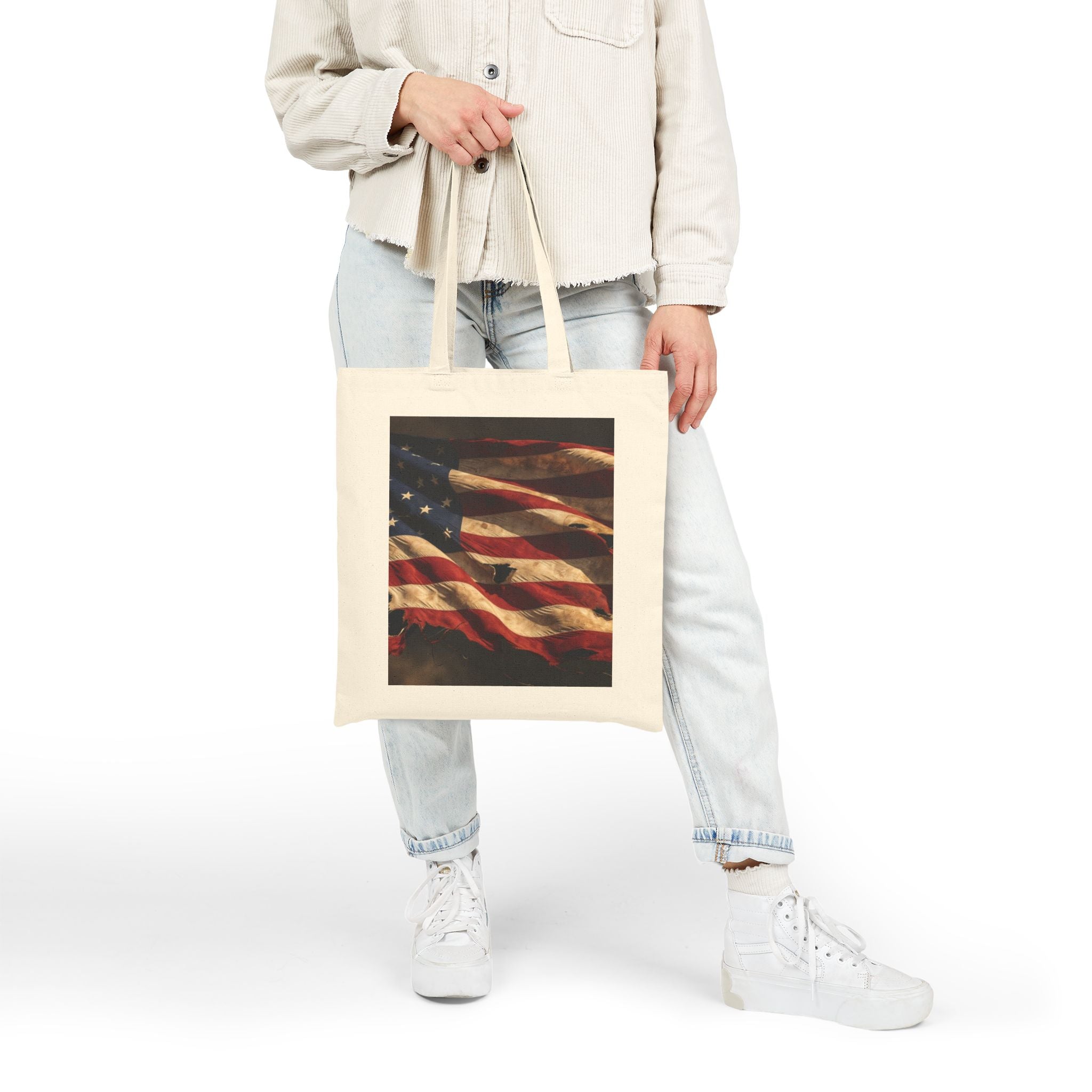 Tote Bag - Vintage American Flag Canvas Tote (Patriotic Memorial Day & 4th of July)