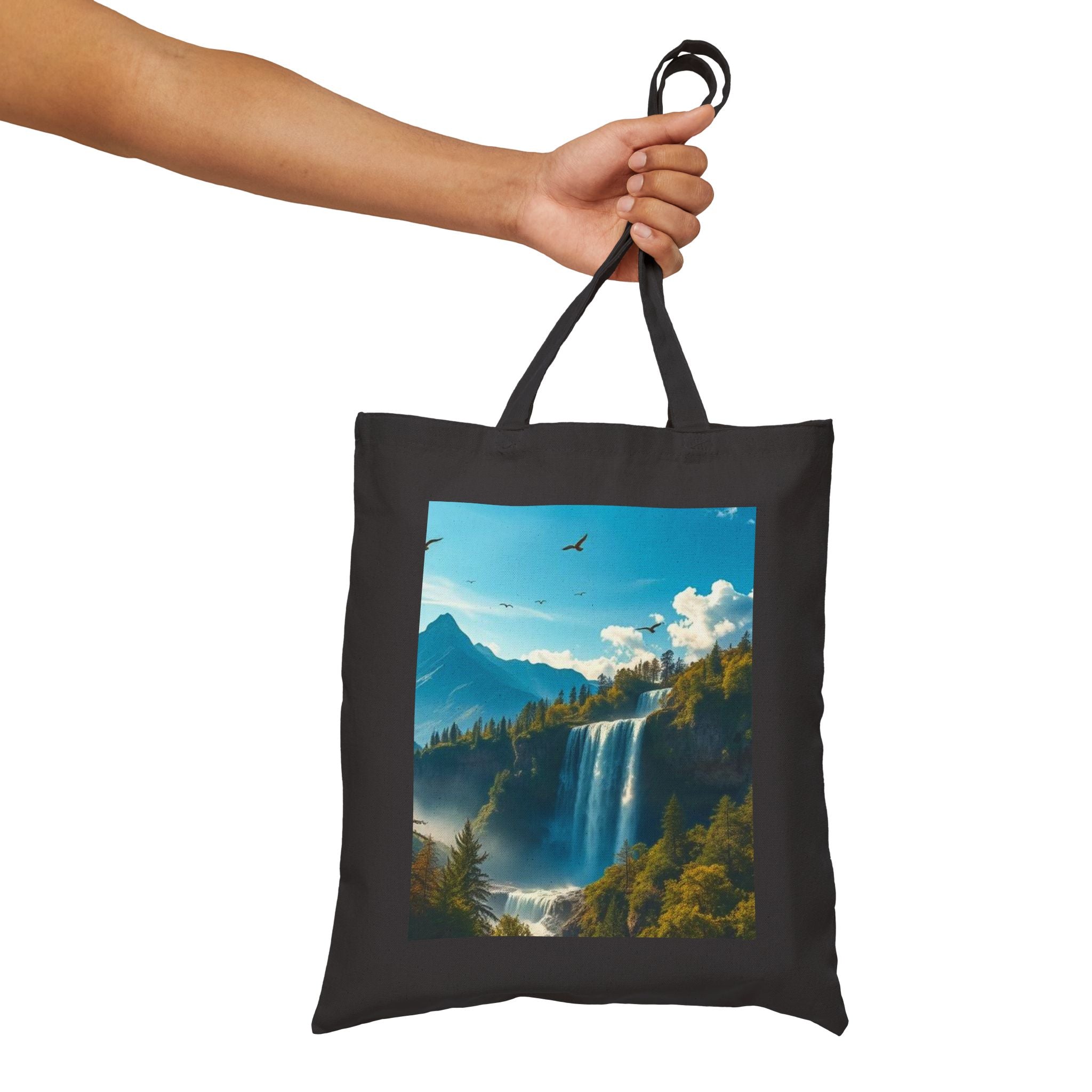 Waterfall Mountain Canvas Tote — Scenic Nature Landscape Cotton Shopper