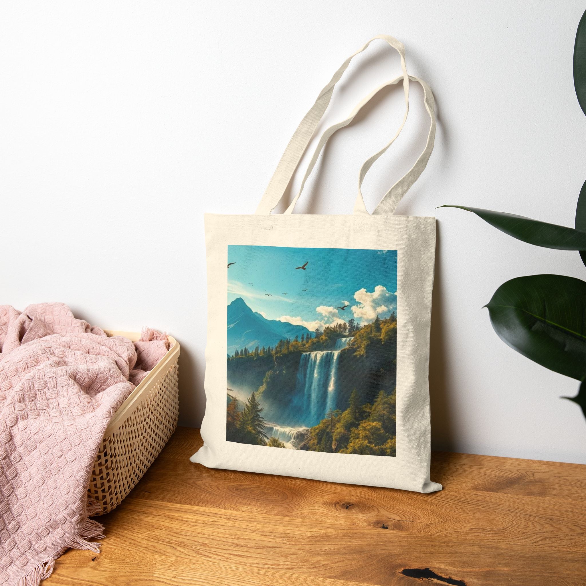 Waterfall Mountain Canvas Tote — Scenic Nature Landscape Cotton Shopper