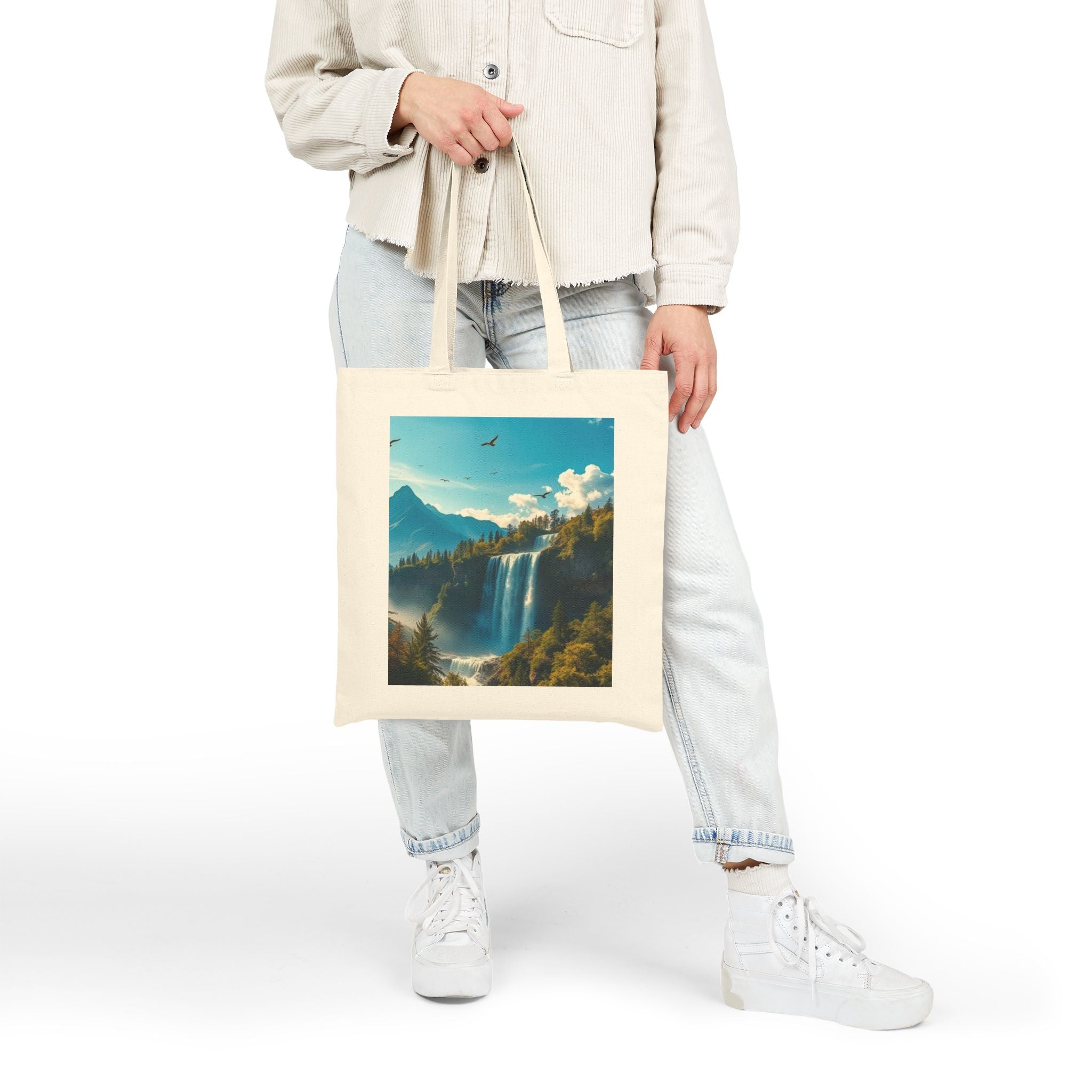 Waterfall Mountain Canvas Tote — Scenic Nature Landscape Cotton Shopper