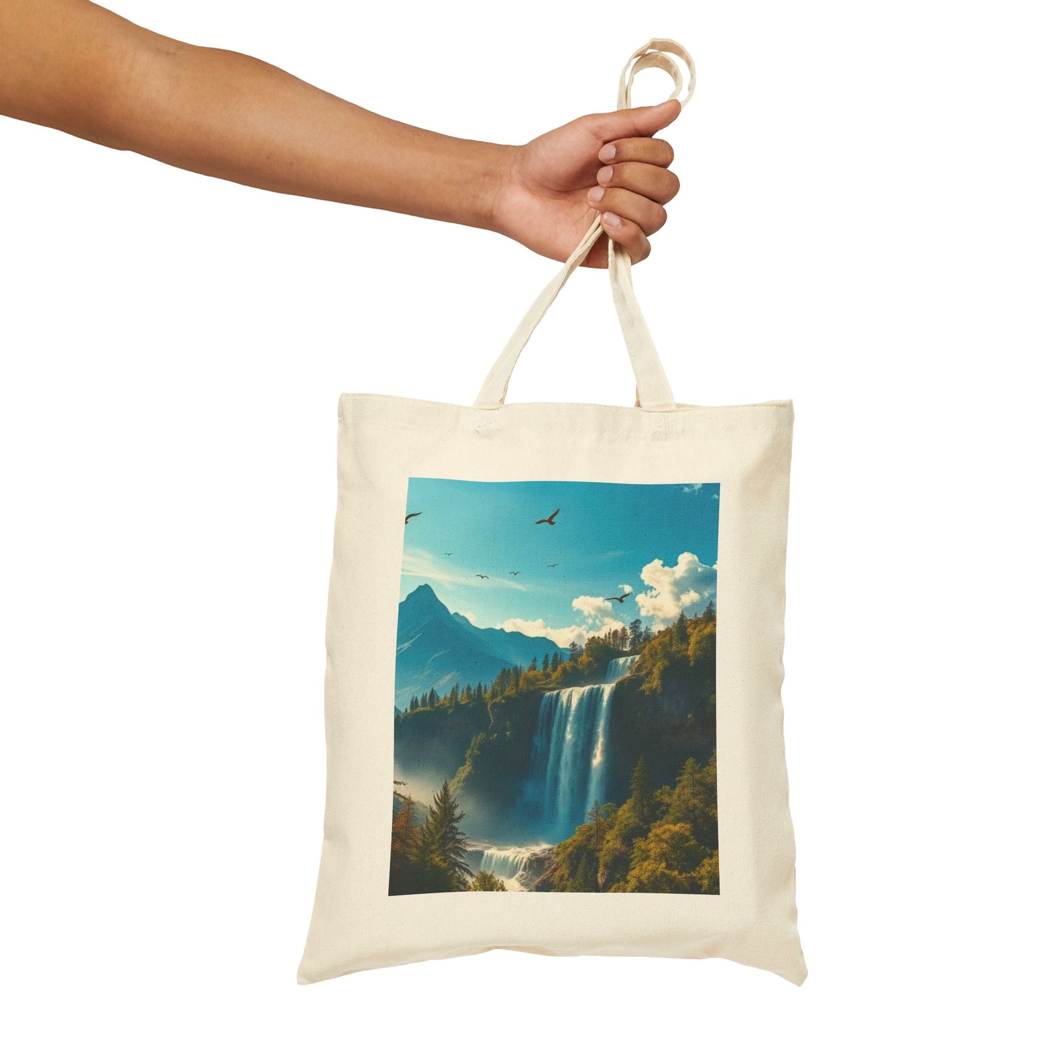 Waterfall Mountain Canvas Tote — Scenic Nature Landscape Cotton Shopper