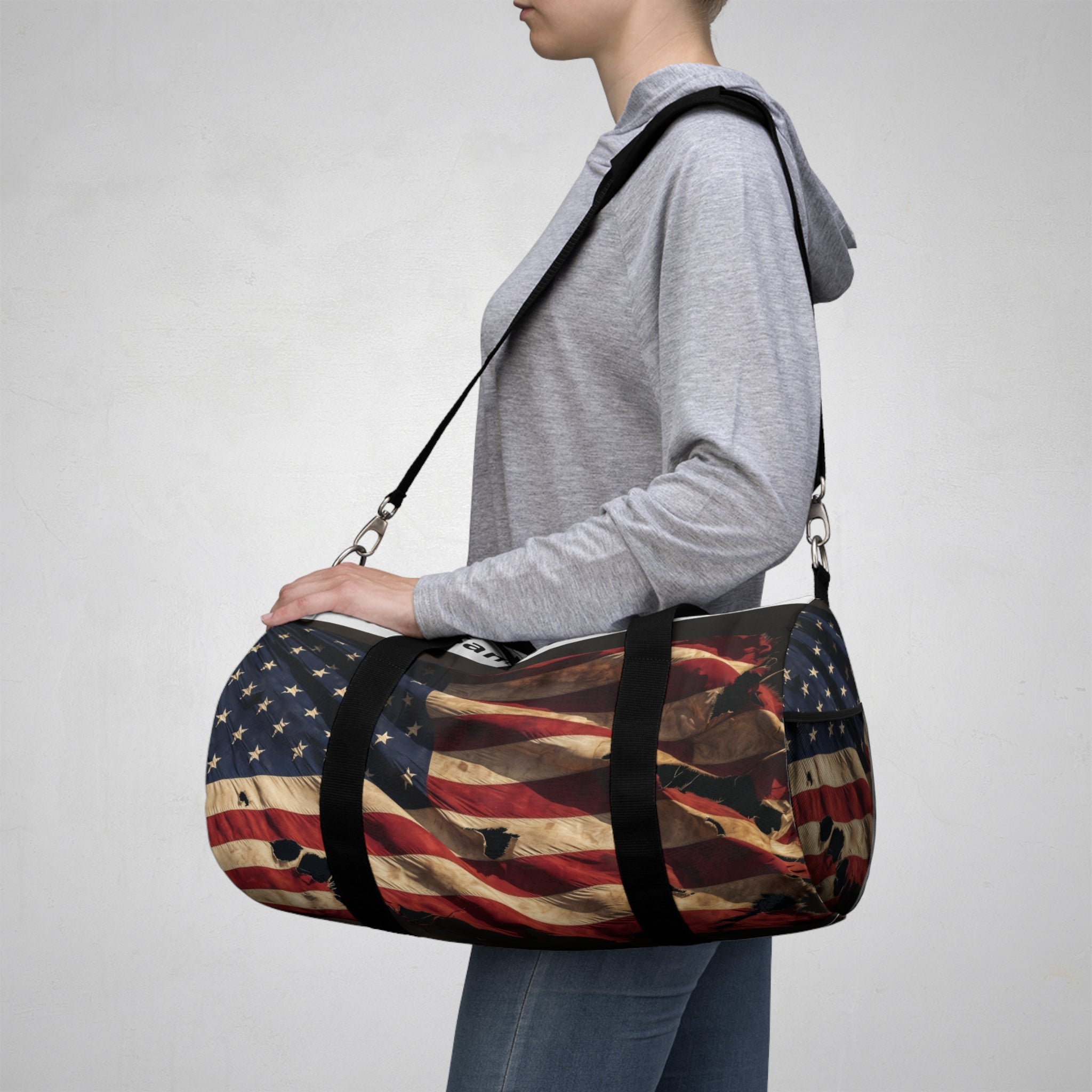 distressed flag stars and stripes personalizable Duffel Bag | Patriotic Anniversary Travel Bag