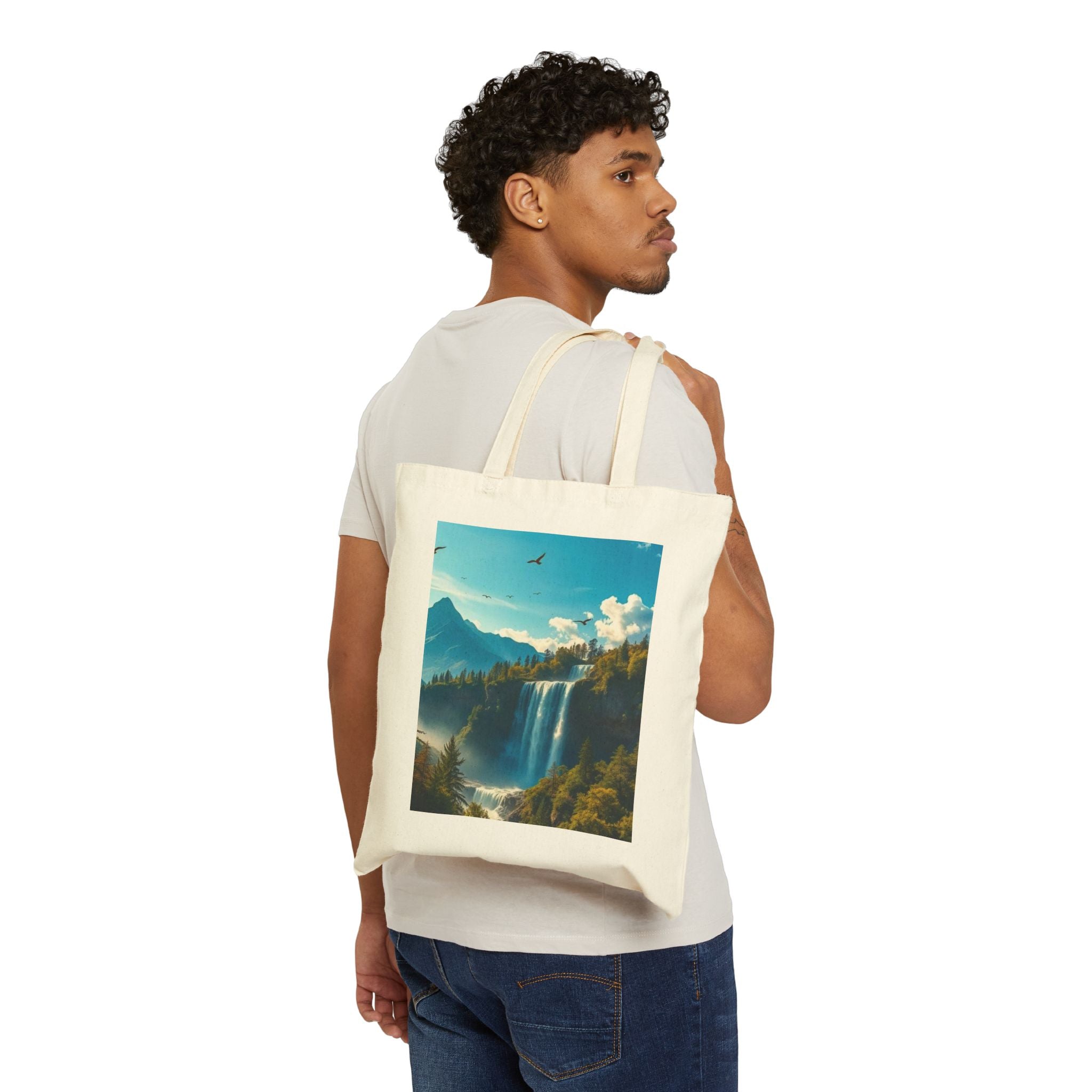 Waterfall Mountain Canvas Tote — Scenic Nature Landscape Cotton Shopper